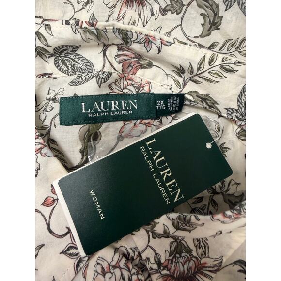 Lauren Ralph Lauren Womens Floral Button Shirt 2X Cotton Blouse Cream New - Picture 6 of 9